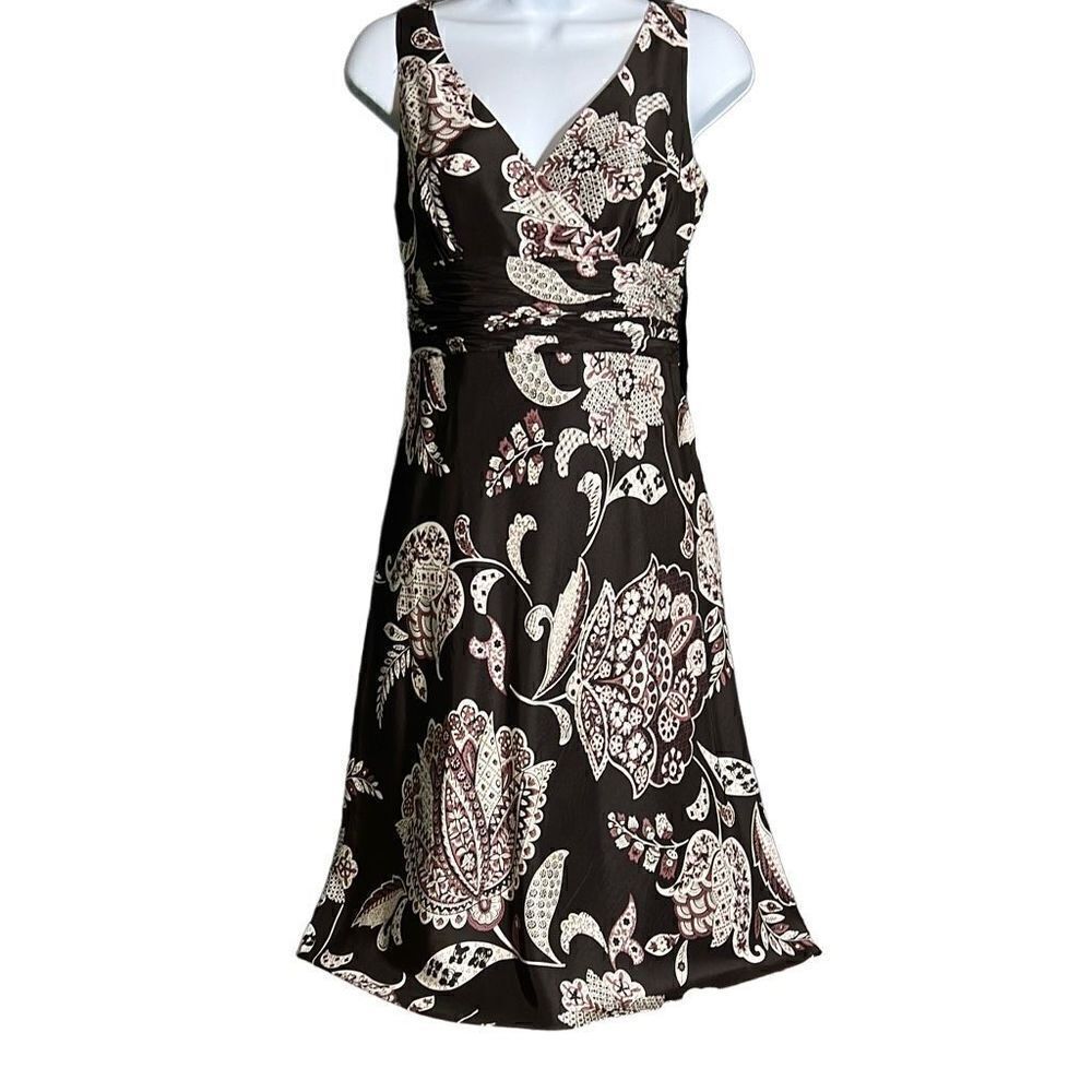 Ann Taylor Women's Sleeveless Cream Floral Faux Wrap Black Silk Dress Size 6P